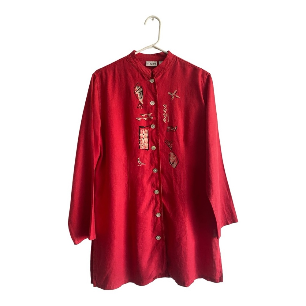 Chico’s 100% Linen Women’s Red‎ Long Button Asian Style Top Size 1